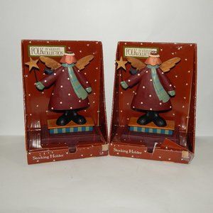 2 Willie Raye Folk Art Collection - Angel Stocking Holders - Wood & Metal